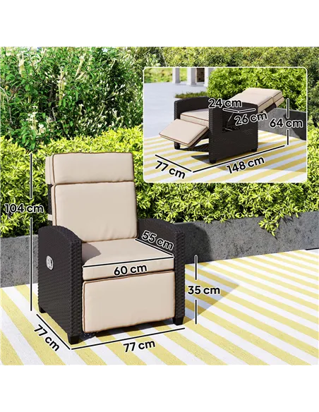 Outsunny 145° Reclining Rattan Armchair, with Footrest - Brown/Khaki