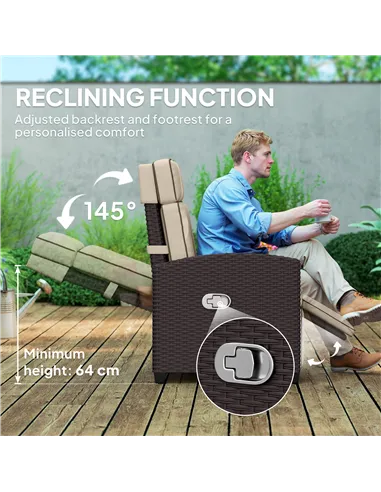 Outsunny 145° Reclining Rattan Armchair, with Footrest - Brown/Khaki