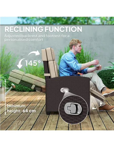 Outsunny 145° Reclining Rattan Armchair, with Footrest - Brown/Khaki