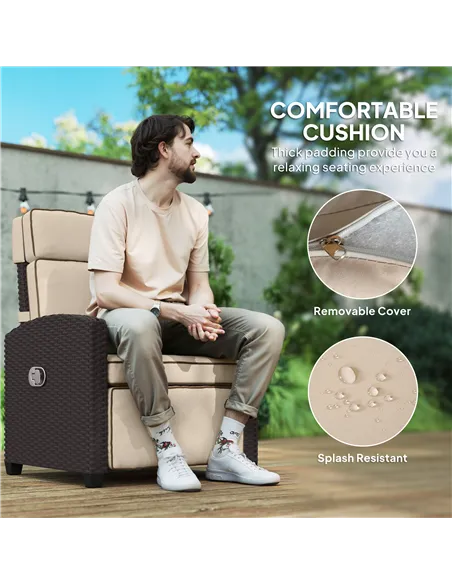 Outsunny 145° Reclining Rattan Armchair, with Footrest - Brown/Khaki