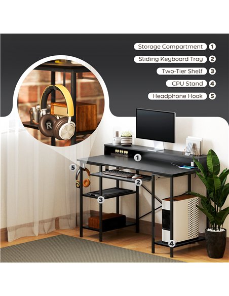 HOMCOM Computer Desk with LED Lights and Power Outlets, 120 x 55 cm Gaming Desk with Monitor Stand, Sliding Keyboard Tray and St