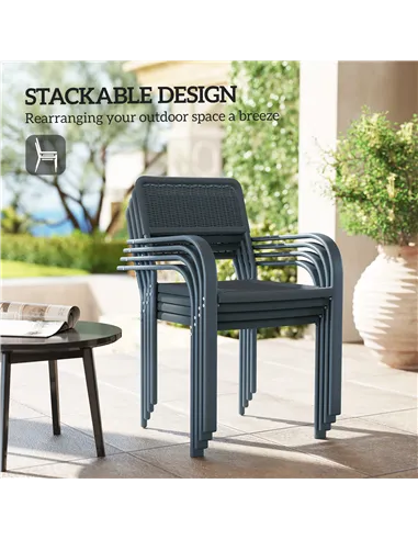 Outsunny Garden Chairs Set of 4, Stackable Rattan Effect Dining Chairs with Armrest, Weather Resistant and Lightweight Outdoor F