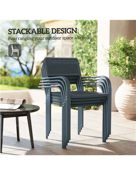 Outsunny Garden Chairs Set of 4, Stackable Rattan Effect Dining Chairs with Armrest, Weather Resistant and Lightweight Outdoor F