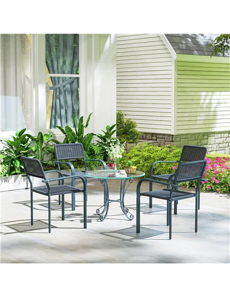 Outsunny Garden Chairs Set of 4, Stackable Rattan Effect Dining Chairs with Armrest, Weather Resistant and Lightweight Outdoor F