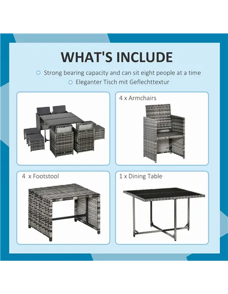 Outsunny 8-Seater Rattan Furniture Set Wicker Weave Patio Dining Table Seat