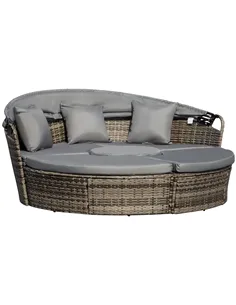 Outsunny Outdoor PE Rattan Garden Furniture with Cushioned, Patio Wicker Conversation Furniture Set, Round Daybed with Retractab