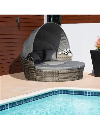Outsunny Outdoor PE Rattan Garden Furniture with Cushioned, Patio Wicker Conversation Furniture Set, Round Daybed with Retractab