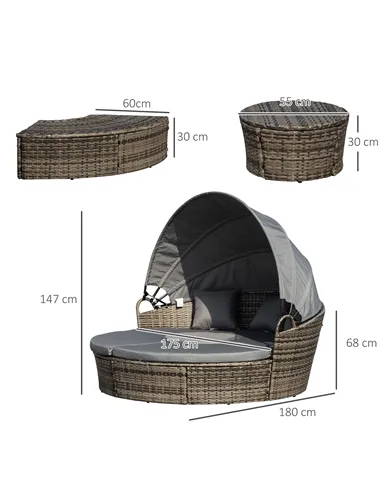 Outsunny Outdoor PE Rattan Garden Furniture with Cushioned, Patio Wicker Conversation Furniture Set, Round Daybed with Retractab
