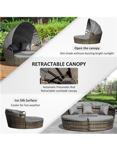 Outsunny Outdoor PE Rattan Garden Furniture with Cushioned, Patio Wicker Conversation Furniture Set, Round Daybed with Retractab