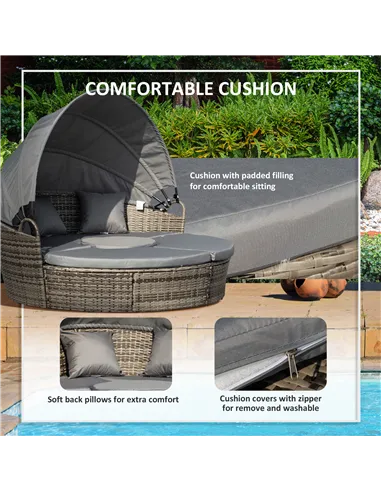 Outsunny Outdoor PE Rattan Garden Furniture with Cushioned, Patio Wicker Conversation Furniture Set, Round Daybed with Retractab
