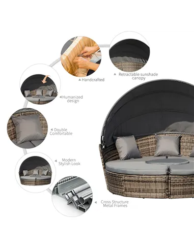 Outsunny Outdoor PE Rattan Garden Furniture with Cushioned, Patio Wicker Conversation Furniture Set, Round Daybed with Retractab