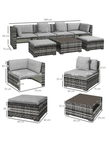 Outsunny Seven-Piece Rattan Patio Furniture Set, with Cushions - Grey