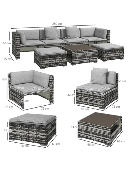 Outsunny Seven-Piece Rattan Patio Furniture Set, with Cushions - Grey