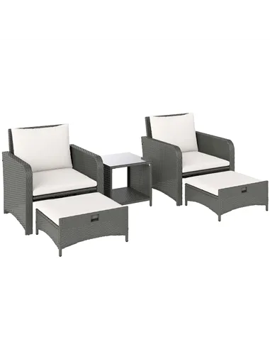 Outsunny Five Piece Rattan Garden Furniture Set with 2-Tier Coffee Table and Ottomans  - Cream White