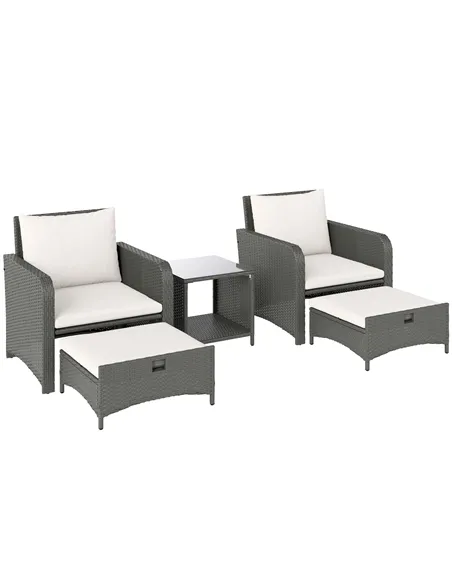 Outsunny Five Piece Rattan Garden Furniture Set with 2-Tier Coffee Table and Ottomans  - Cream White