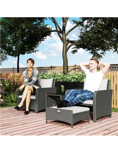 Outsunny Five Piece Rattan Garden Furniture Set with 2-Tier Coffee Table and Ottomans  - Cream White