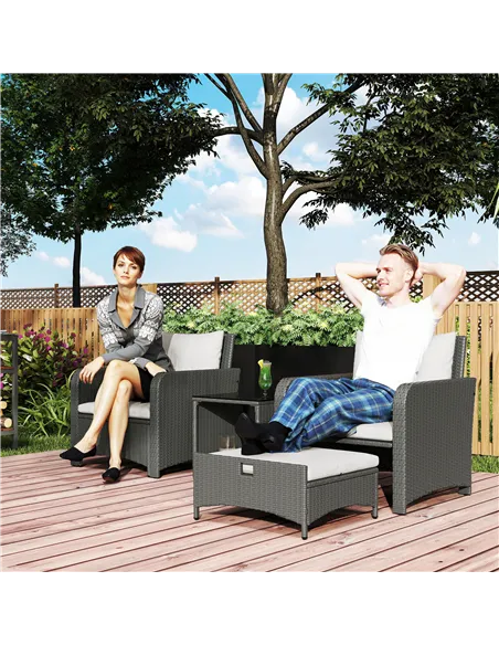 Outsunny Five Piece Rattan Garden Furniture Set with 2-Tier Coffee Table and Ottomans  - Cream White