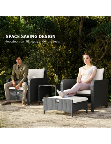 Outsunny Five Piece Rattan Garden Furniture Set with 2-Tier Coffee Table and Ottomans  - Cream White