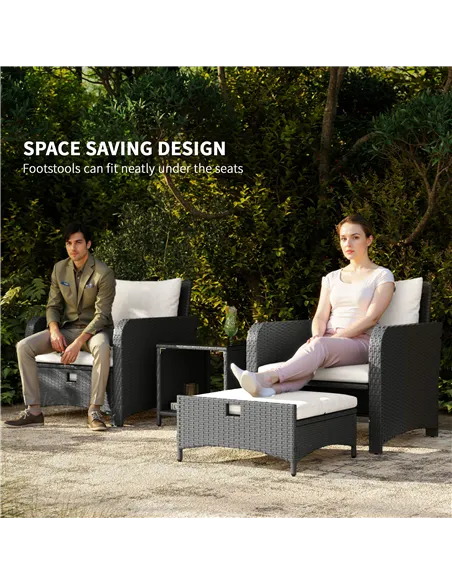 Outsunny Five Piece Rattan Garden Furniture Set with 2-Tier Coffee Table and Ottomans  - Cream White