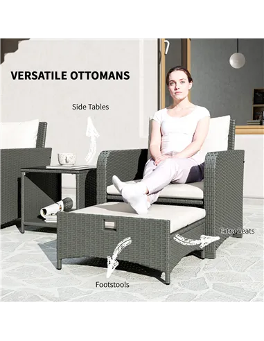 Outsunny Five Piece Rattan Garden Furniture Set with 2-Tier Coffee Table and Ottomans  - Cream White