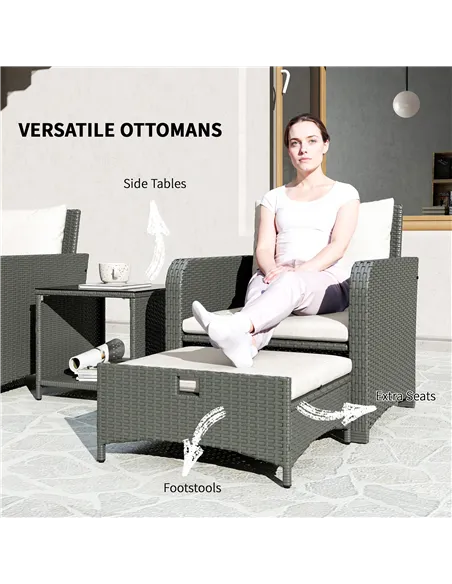 Outsunny Five Piece Rattan Garden Furniture Set with 2-Tier Coffee Table and Ottomans  - Cream White