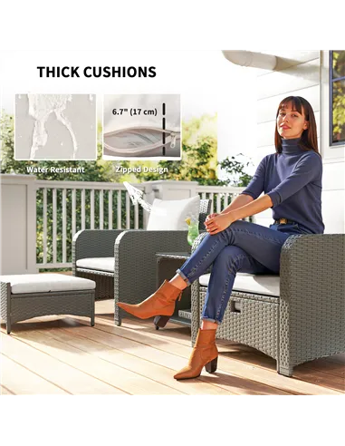 Outsunny Five Piece Rattan Garden Furniture Set with 2-Tier Coffee Table and Ottomans  - Cream White