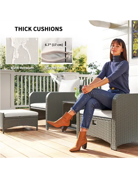 Outsunny Five Piece Rattan Garden Furniture Set with 2-Tier Coffee Table and Ottomans  - Cream White