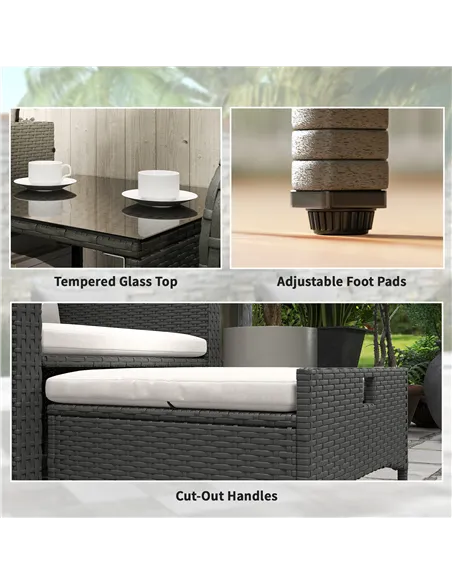 Outsunny Five Piece Rattan Garden Furniture Set with 2-Tier Coffee Table and Ottomans  - Cream White