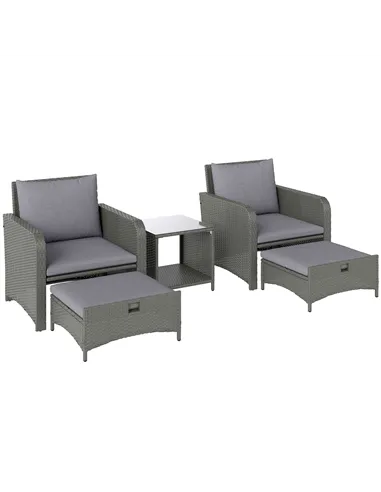 Outsunny Five Piece Rattan Garden Furniture Set with 2-Tier Coffee Table and Ottomans - Grey