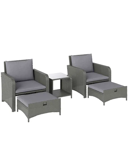 Outsunny Five Piece Rattan Garden Furniture Set with 2-Tier Coffee Table and Ottomans - Grey