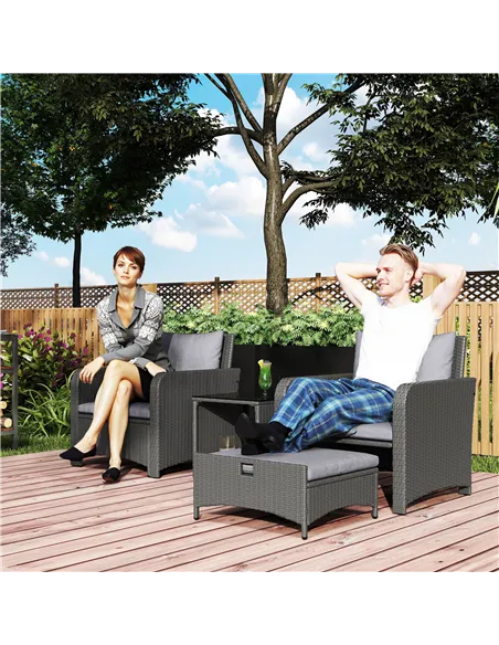 Outsunny Five Piece Rattan Garden Furniture Set with 2-Tier Coffee Table and Ottomans - Grey