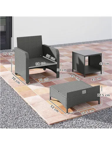 Outsunny Five Piece Rattan Garden Furniture Set with 2-Tier Coffee Table and Ottomans - Grey