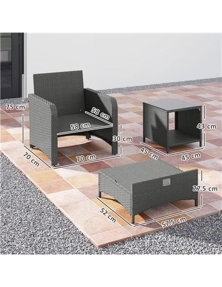 Outsunny Five Piece Rattan Garden Furniture Set with 2-Tier Coffee Table and Ottomans - Grey