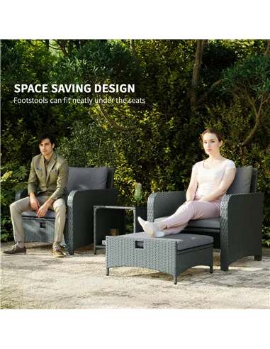 Outsunny Five Piece Rattan Garden Furniture Set with 2-Tier Coffee Table and Ottomans - Grey