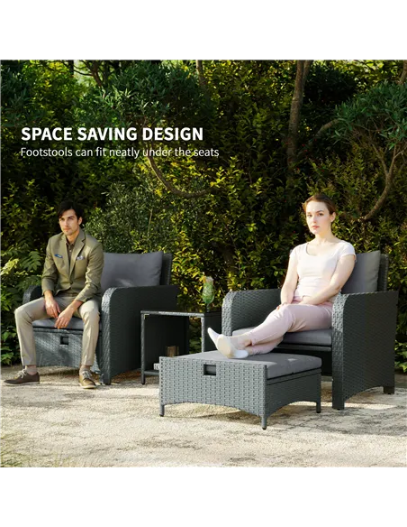 Outsunny Five Piece Rattan Garden Furniture Set with 2-Tier Coffee Table and Ottomans - Grey