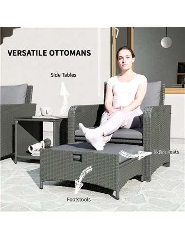 Outsunny Five Piece Rattan Garden Furniture Set with 2-Tier Coffee Table and Ottomans - Grey
