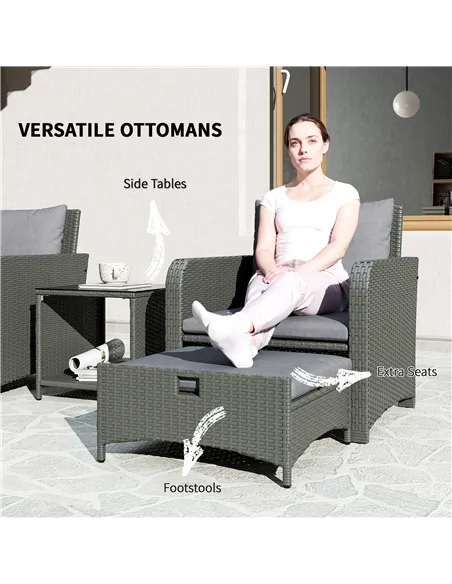 Outsunny Five Piece Rattan Garden Furniture Set with 2-Tier Coffee Table and Ottomans - Grey