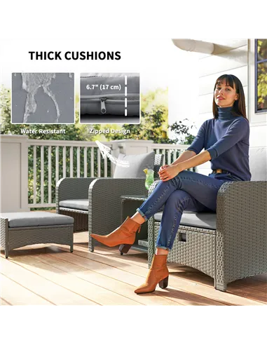 Outsunny Five Piece Rattan Garden Furniture Set with 2-Tier Coffee Table and Ottomans - Grey