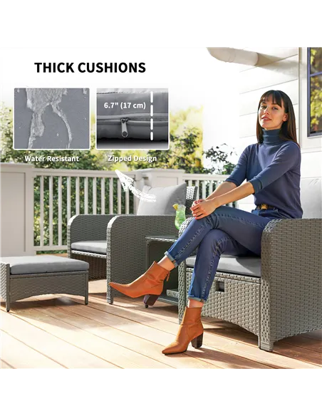 Outsunny Five Piece Rattan Garden Furniture Set with 2-Tier Coffee Table and Ottomans - Grey