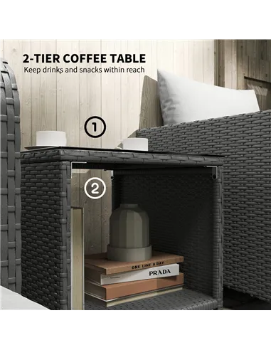Outsunny Five Piece Rattan Garden Furniture Set with 2-Tier Coffee Table and Ottomans - Grey