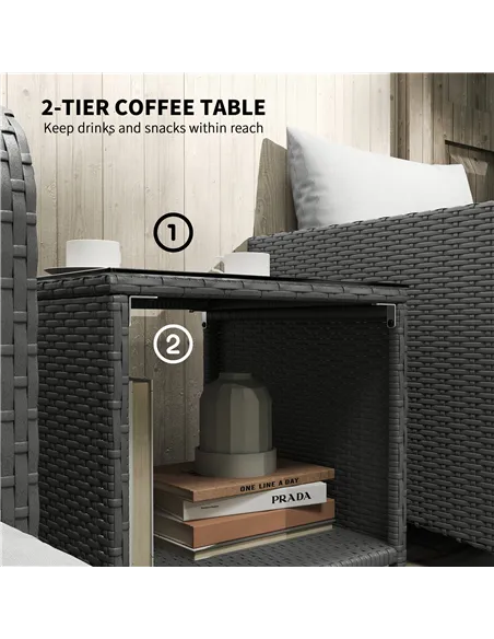 Outsunny Five Piece Rattan Garden Furniture Set with 2-Tier Coffee Table and Ottomans - Grey