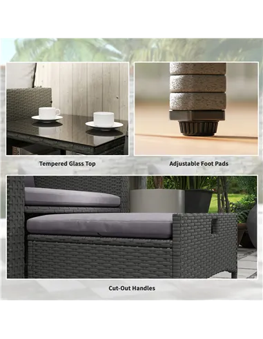 Outsunny Five Piece Rattan Garden Furniture Set with 2-Tier Coffee Table and Ottomans - Grey