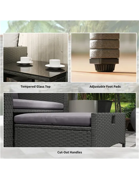 Outsunny Five Piece Rattan Garden Furniture Set with 2-Tier Coffee Table and Ottomans - Grey