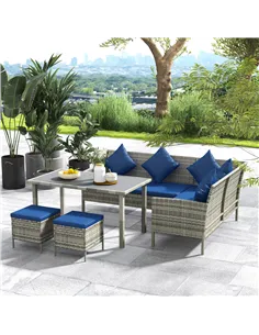 Outsunny 5 Pieces Rattan Garden Furniture Set with Dining Table, Cushions - Dark Blue 2