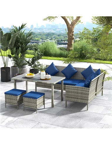 Outsunny 5 Pieces Rattan Garden Furniture Set with Dining Table, Cushions - Dark Blue