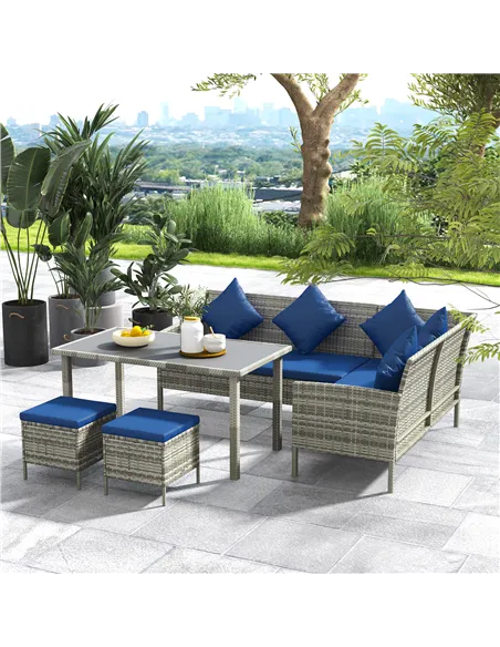 Outsunny 5 Pieces Rattan Garden Furniture Set with Dining Table, Cushions - Dark Blue