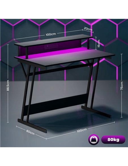 HOMCOM Two-Level LED Gaming Desk - Black