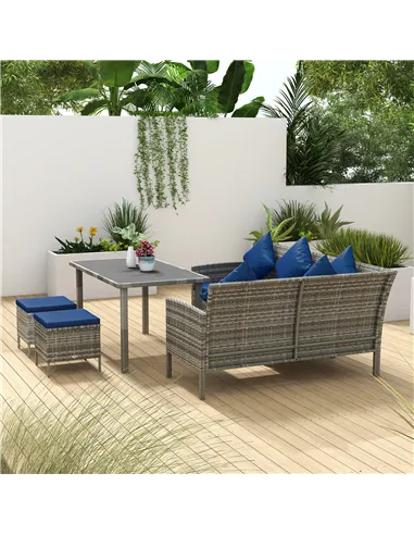 Outsunny 5 Pieces Rattan Garden Furniture Set with Dining Table, Cushions - Dark Blue