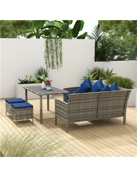 Outsunny 5 Pieces Rattan Garden Furniture Set with Dining Table, Cushions - Dark Blue