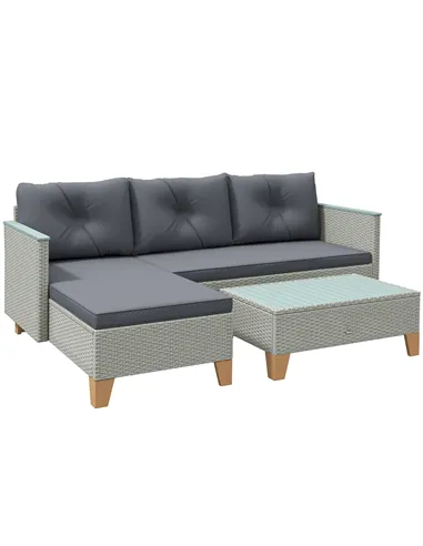 Outsunny 3 Pieces Rattan Garden Furniture Set, L Shaped Garden Conversation Chaise Lounge Furniture with Wood Top Coffee Table a